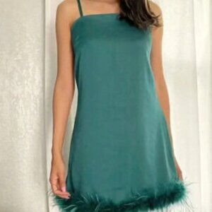NWT Thirty Thirty Feather Trimmed Cocktail Party Slip Dress in Emerald Size M